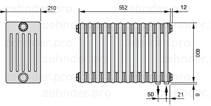 Схема (чертеж) Радиатор Zehnder Charleston 6060/12 №5510 Белый глянцевый RAL 9016